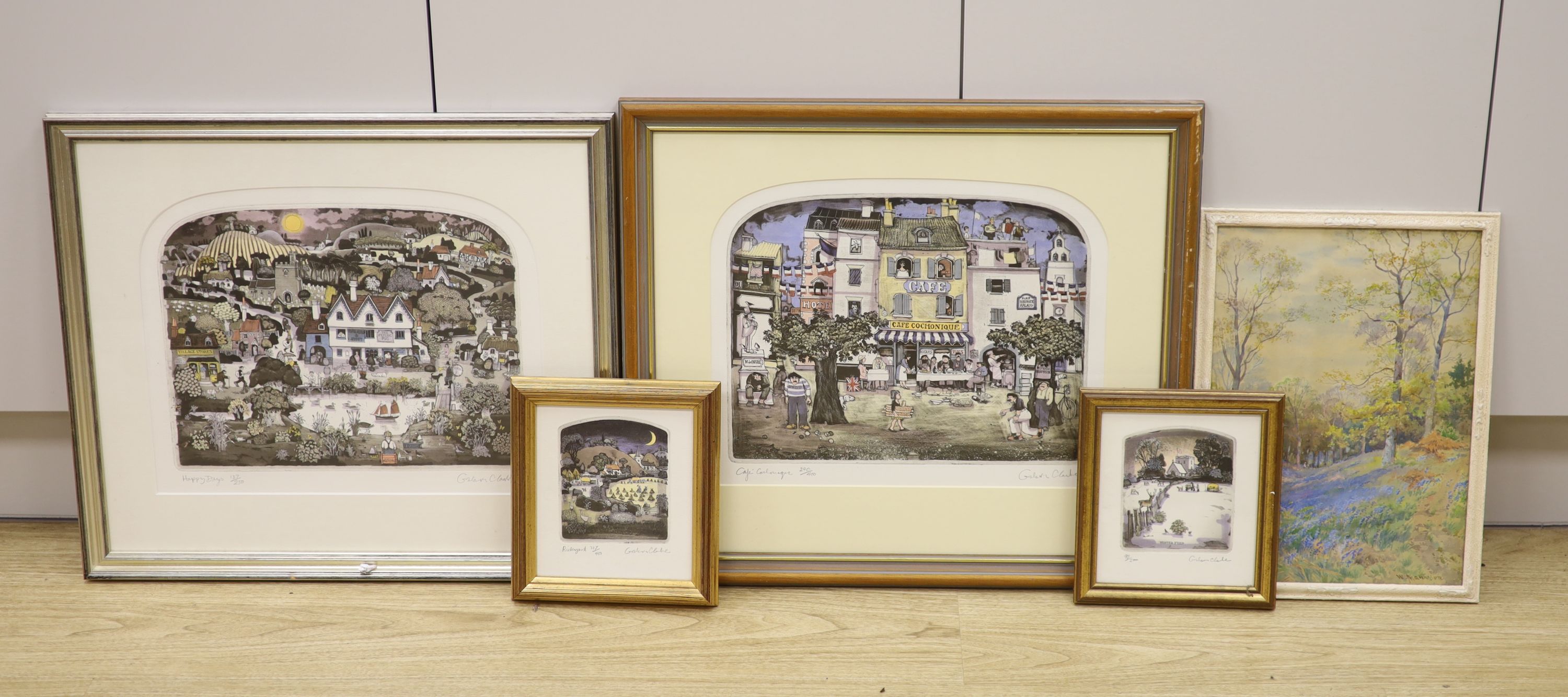 Graham Clarke (b. 1951), two pairs of signed limited edition coloured etchings and a watercolour of a bluebell wood by W. Marthieson